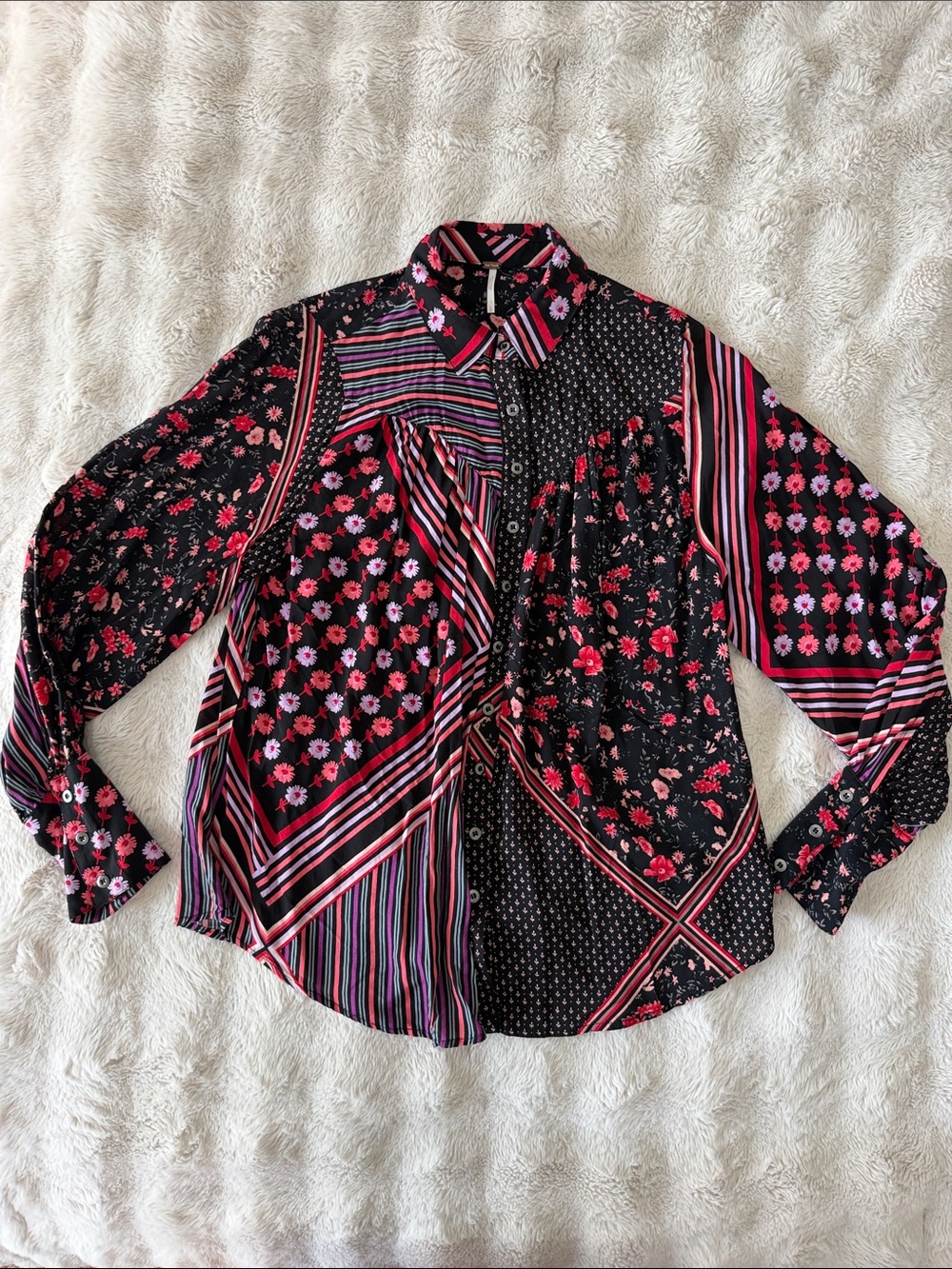 Women's Black Floral Patchwork Button-Up Shirt - Pink Accents